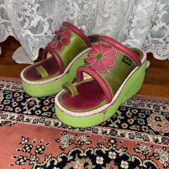 Green & Pink Platform Slide Sandal with Flower Accent - Women main image 4